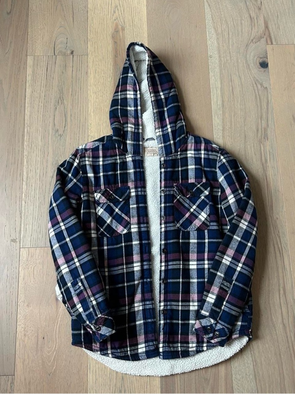 Boston Traders Hooded Plaid Shirt Jacket - Navy, Burgundy & Cream